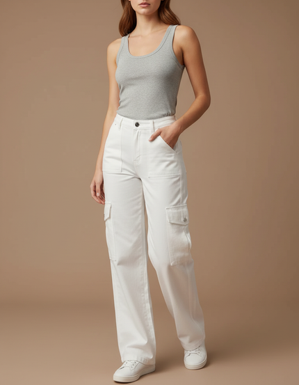 Pantalon Cargo Blanc Ample Multipoches Décontracté Femme - Toile