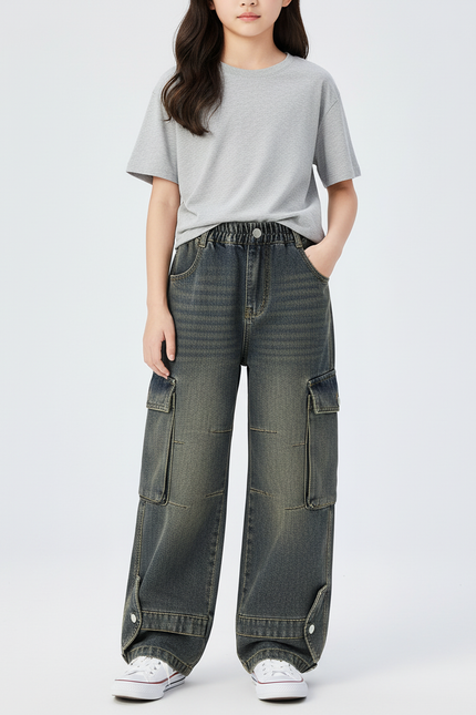 Pantalon Cargo Denim Ample Gris Décontracté Enfant - Jean