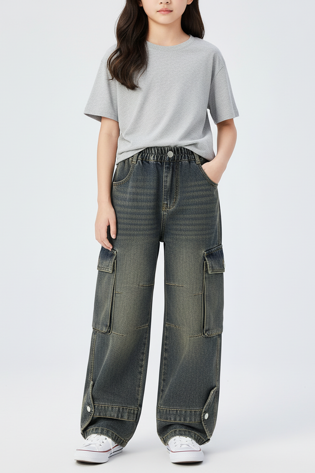 Pantalon Cargo Denim Ample Gris Décontracté Enfant - Jean
