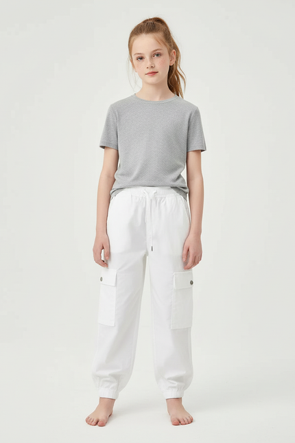 Pantalon Cargo Blanc Ample Multipoches Enfant - Gabardine