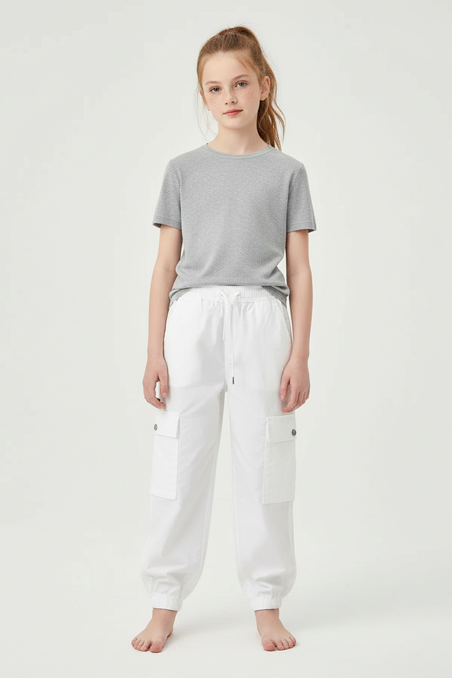 Pantalon Cargo Blanc Ample Multipoches Enfant - Gabardine