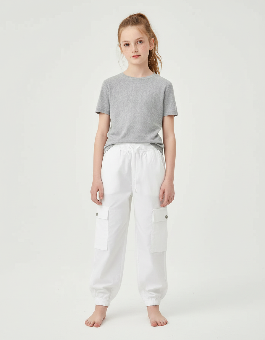 Pantalon Cargo Blanc Ample Multipoches Enfant - Gabardine