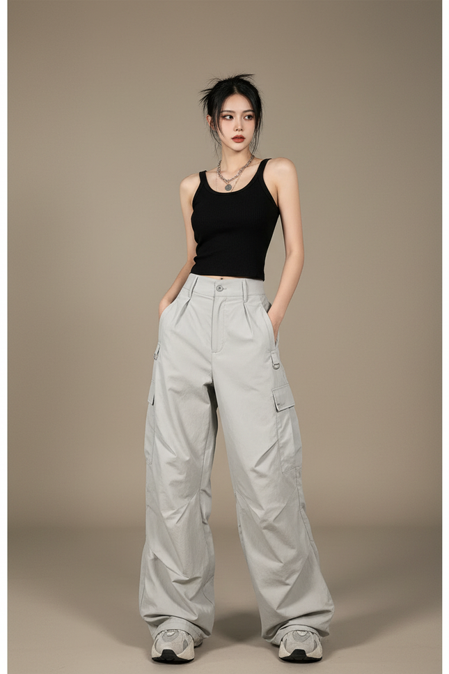 Pantalon Cargo Gris Nylon Ample Taille Haute Femme - Polyester