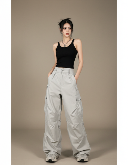 Pantalon Cargo Gris Nylon Ample Taille Haute Femme - Polyester