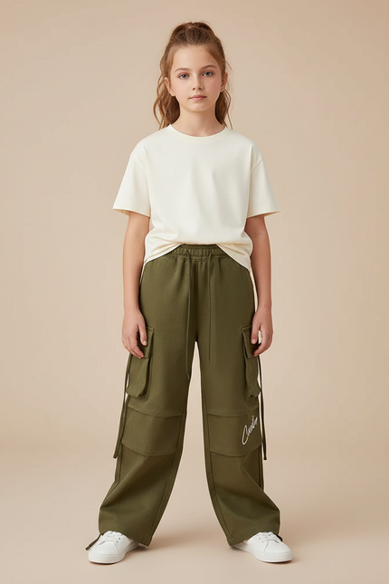 Pantalon Cargo Vert Ample Multipoches Décontracté Enfant - Kaki Molleton
