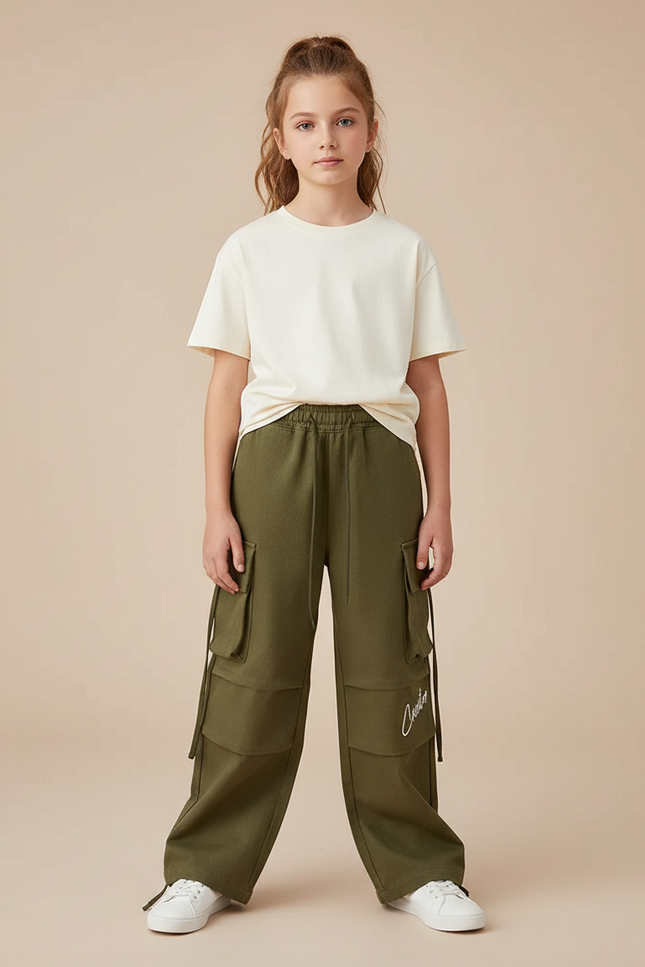 Pantalon Cargo Vert Ample Multipoches Décontracté Enfant - Kaki Molleton