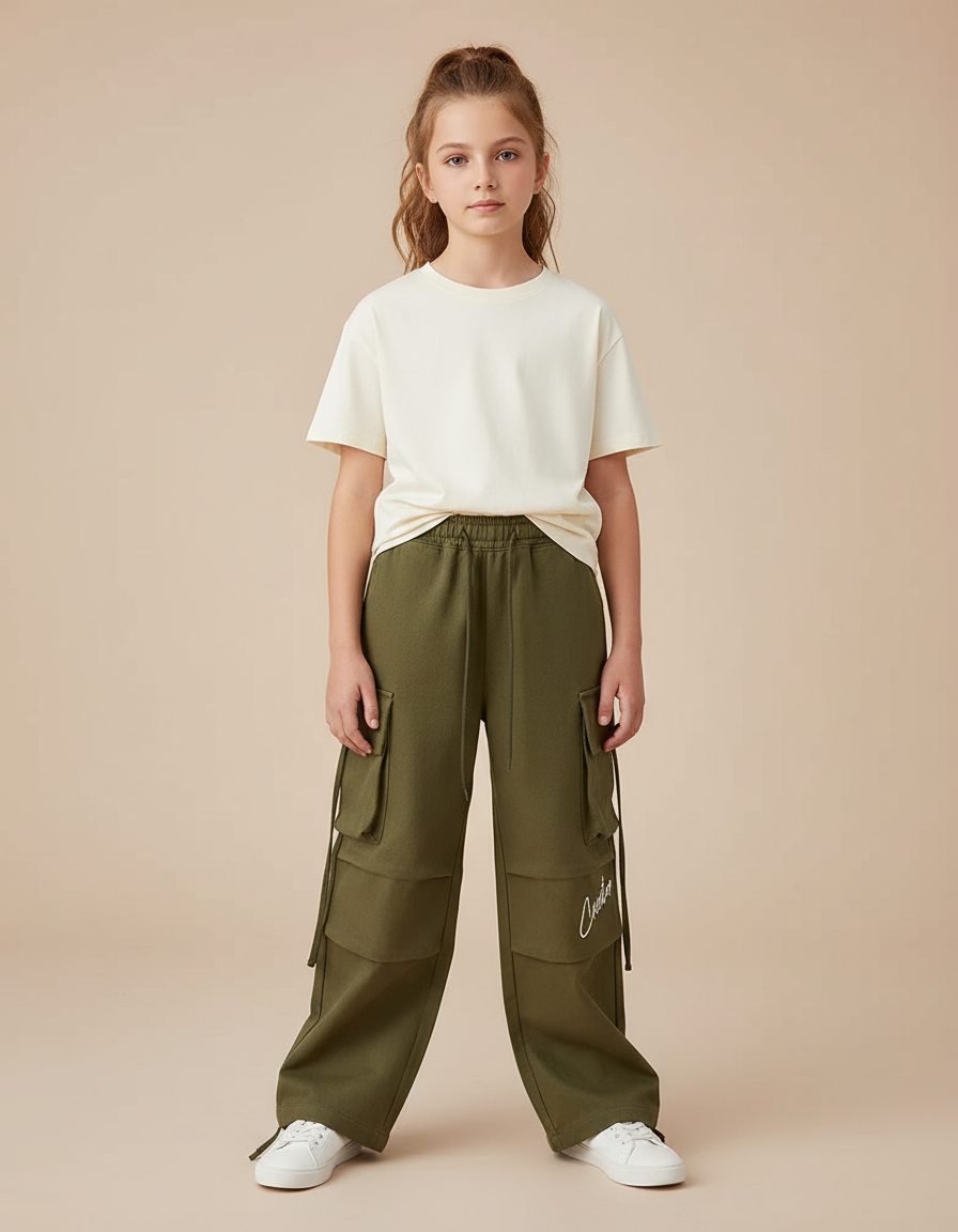 Pantalon Cargo Vert Ample Multipoches Décontracté Enfant - Kaki Molleton
