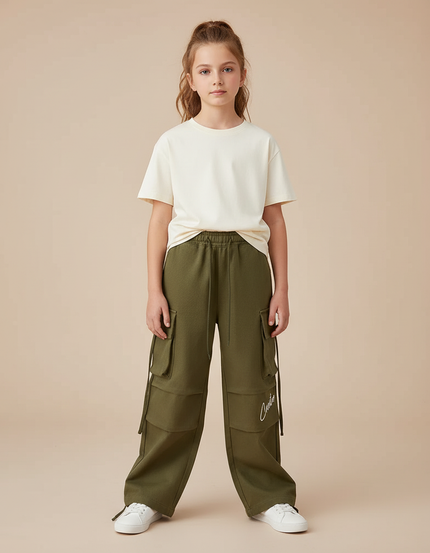 Pantalon Cargo Vert Ample Multipoches Décontracté Enfant - Kaki Molleton