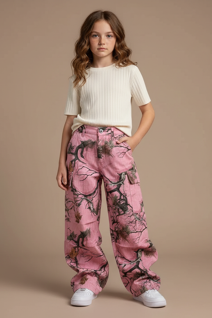 Pantalon Cargo Rose Camouflage Arbre Ample Femme - Toile