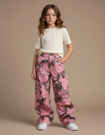 Pantalon Cargo Rose Camouflage Arbre Ample Femme - Toile