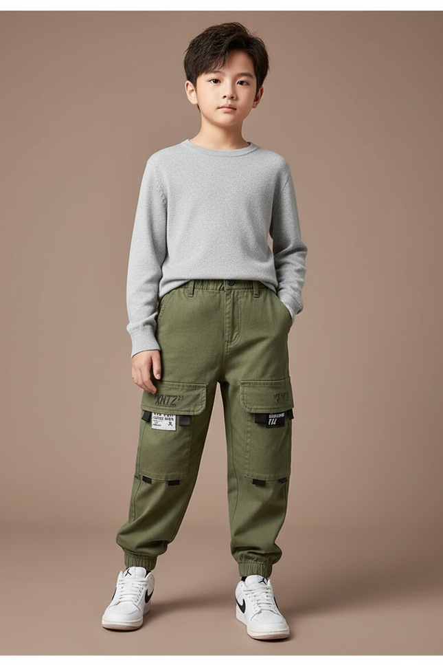 Pantalon Cargo Vert Militaire Décontracté Multipoches Enfant - Kaki Toile