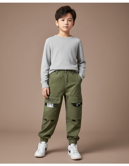 Pantalon Cargo Vert Militaire Décontracté Multipoches Enfant - Kaki Toile