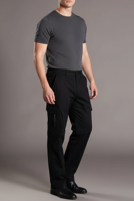 Pantalon Cargo Noir Coton Droit Multipoches Homme