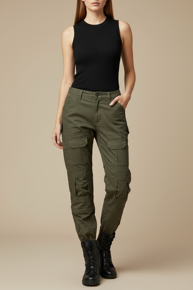 Pantalon Cargo Kaki Femme Multipoches Coupe Fuselée - Toile
