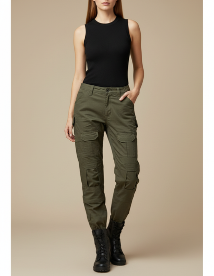 Pantalon Cargo Kaki Femme Multipoches Coupe Fuselée - Toile