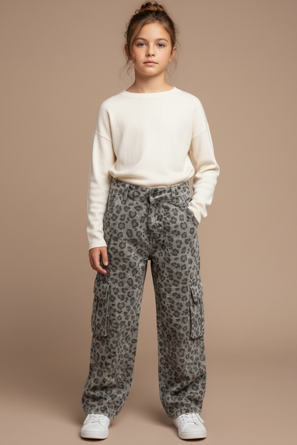 Pantalon Cargo Léopard Ample Gris Imprimé Enfant - Jean