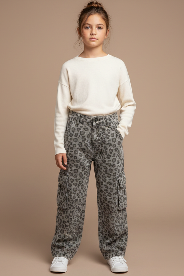 Pantalon Cargo Léopard Ample Gris Imprimé Enfant - Jean