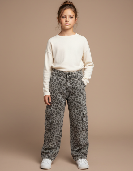 Pantalon Cargo Léopard Ample Gris Imprimé Enfant - Jean