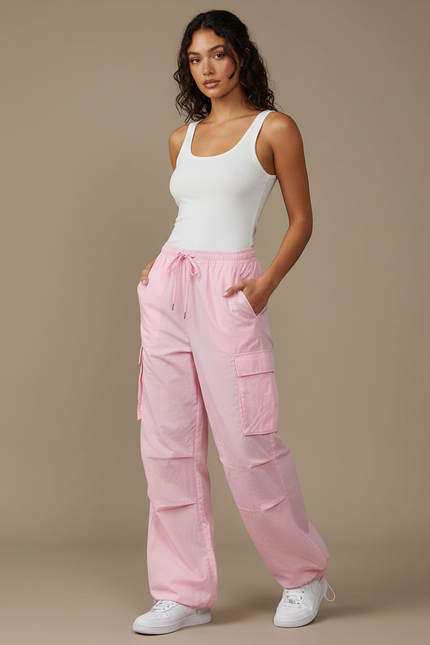 Pantalon Cargo Rose Ample Multipoches Décontracté Femme - Polyester