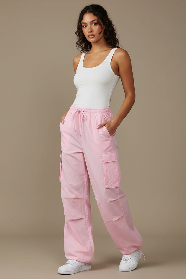 Pantalon Cargo Rose Ample Multipoches Décontracté Femme - Polyester