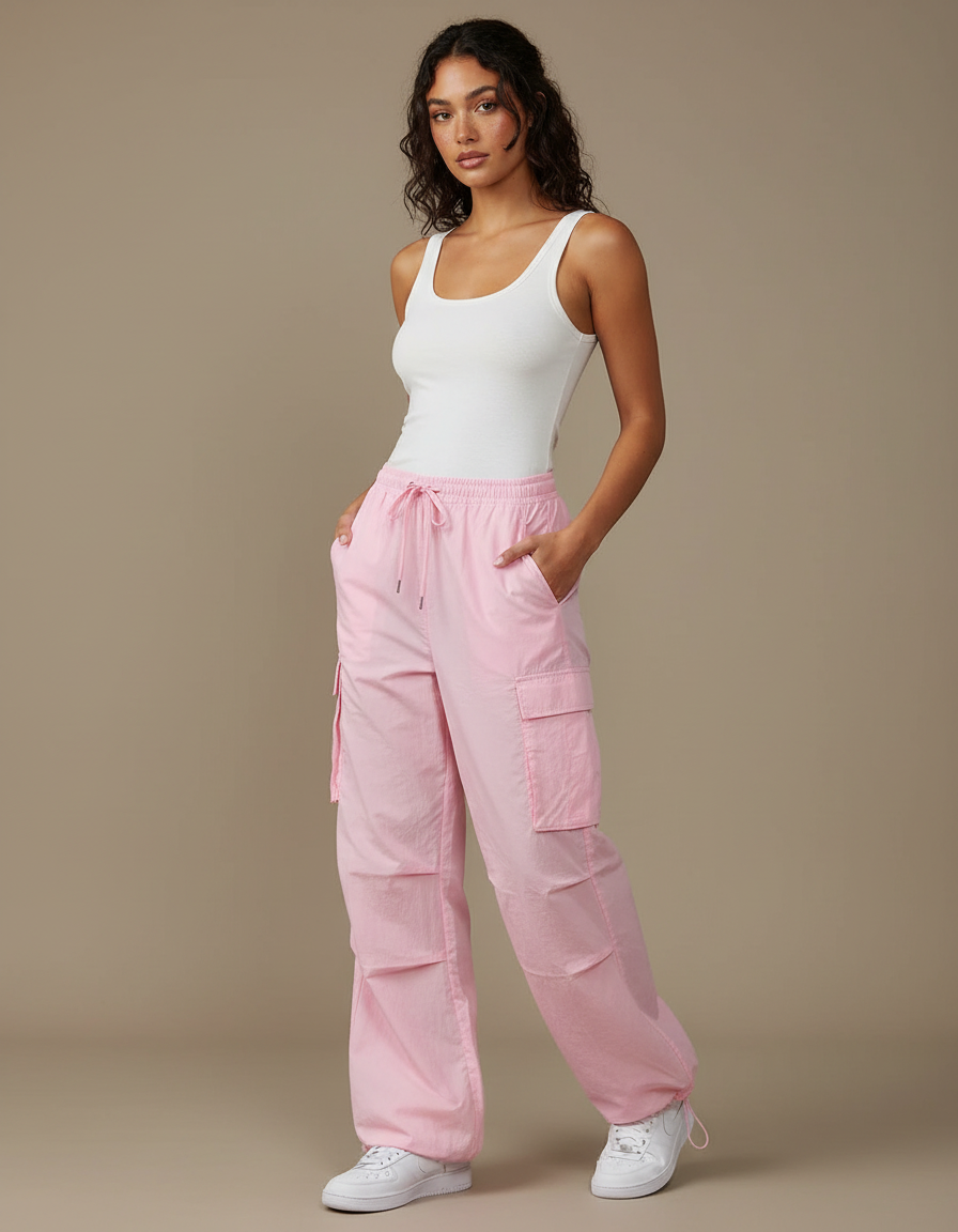 Pantalon Cargo Rose Ample Multipoches Décontracté Femme - Polyester