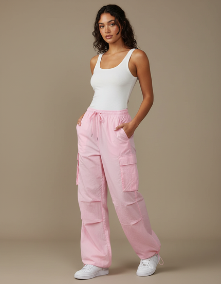 Pantalon Cargo Rose Ample Multipoches Décontracté Femme - Polyester