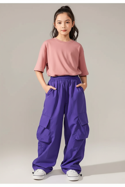 Pantalon Cargo Violet Ample Multipoches Enfant Décontracté - Polyester