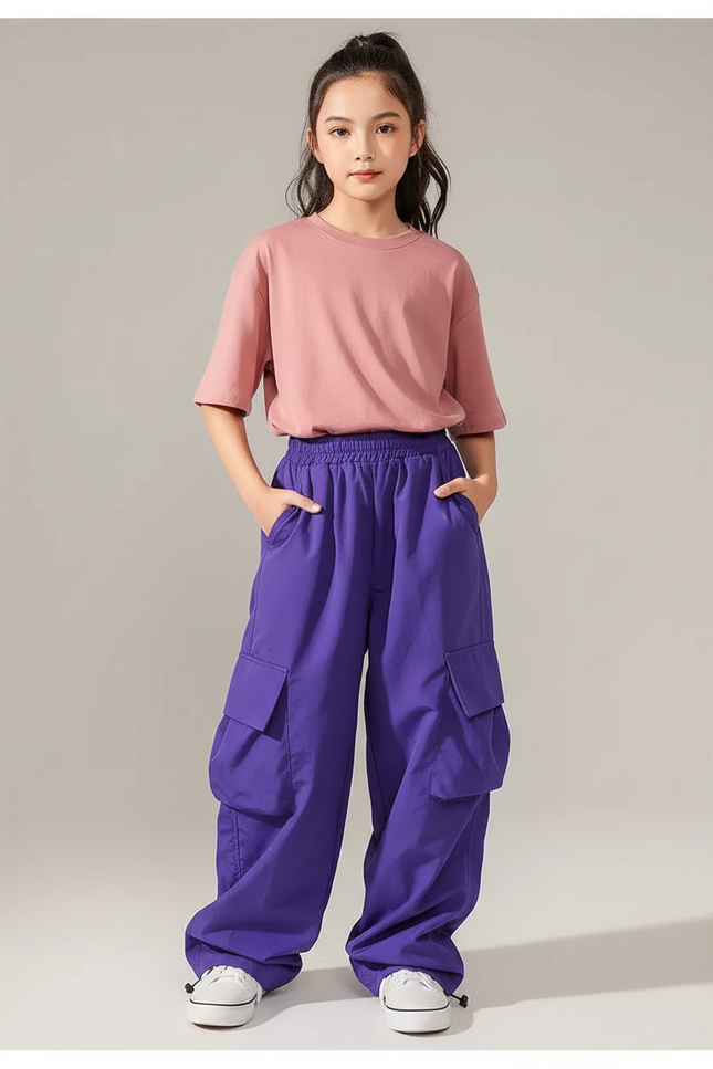 Pantalon Cargo Violet Ample Multipoches Enfant Décontracté - Polyester