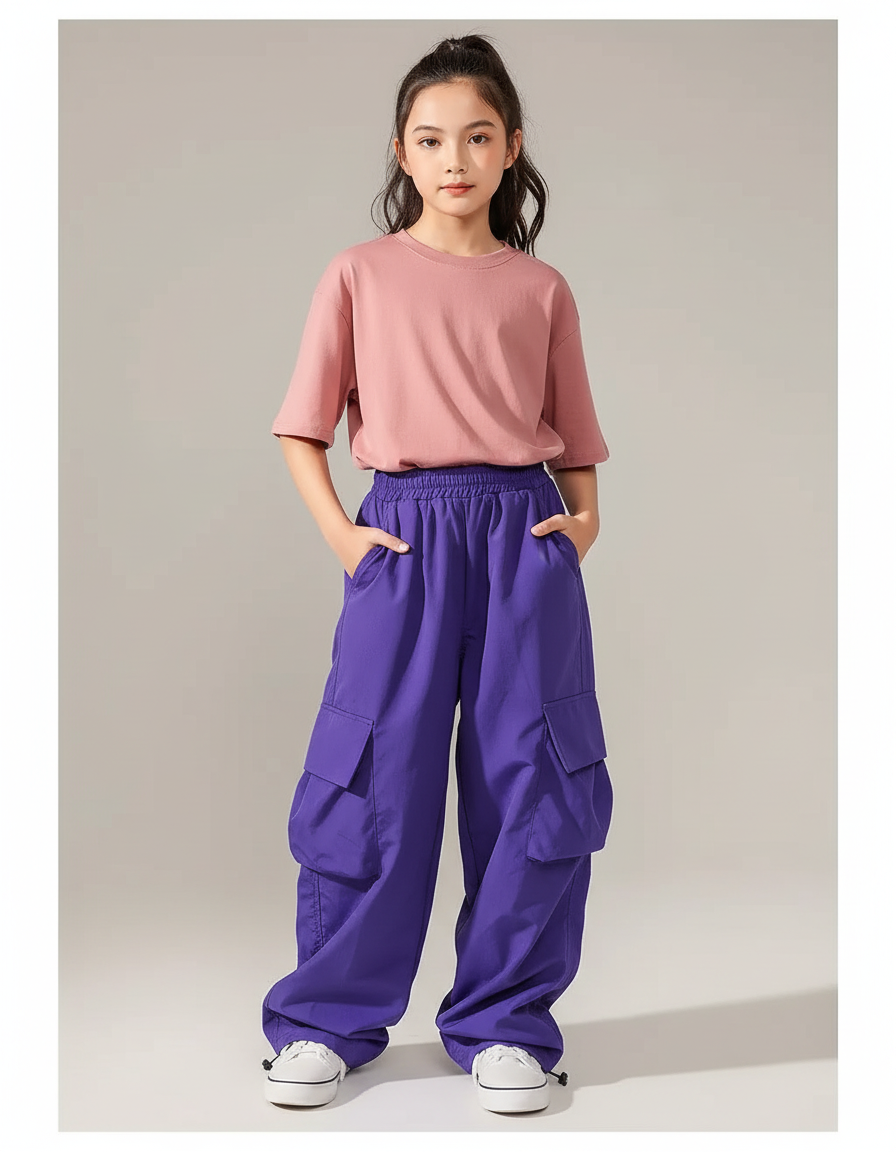 Pantalon Cargo Violet Ample Multipoches Enfant Décontracté - Polyester