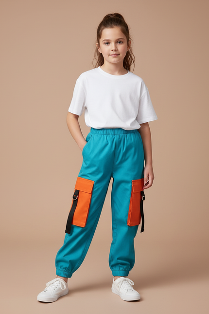 Pantalon Cargo Enfant Turquoise Orange Ample Coton - Multicolore