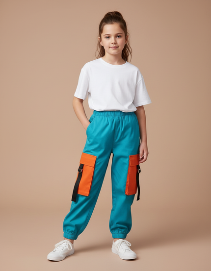 Pantalon Cargo Enfant Turquoise Orange Ample Coton - Multicolore