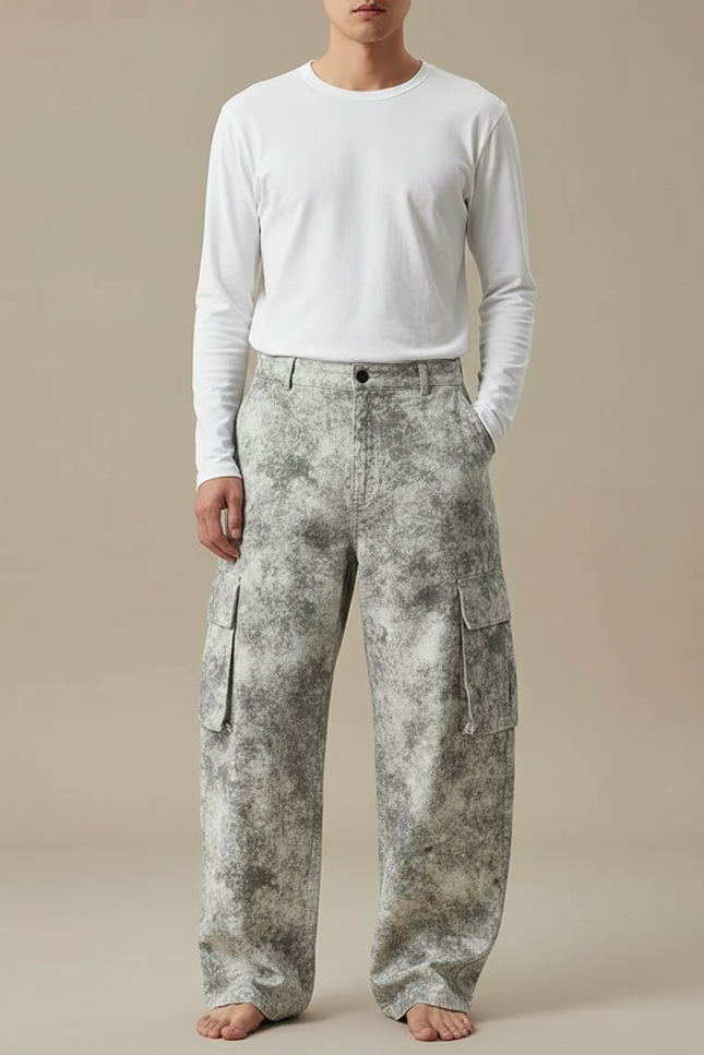 Pantalon Cargo Gris Délavé Ample Imprimé Streetwear - Jean