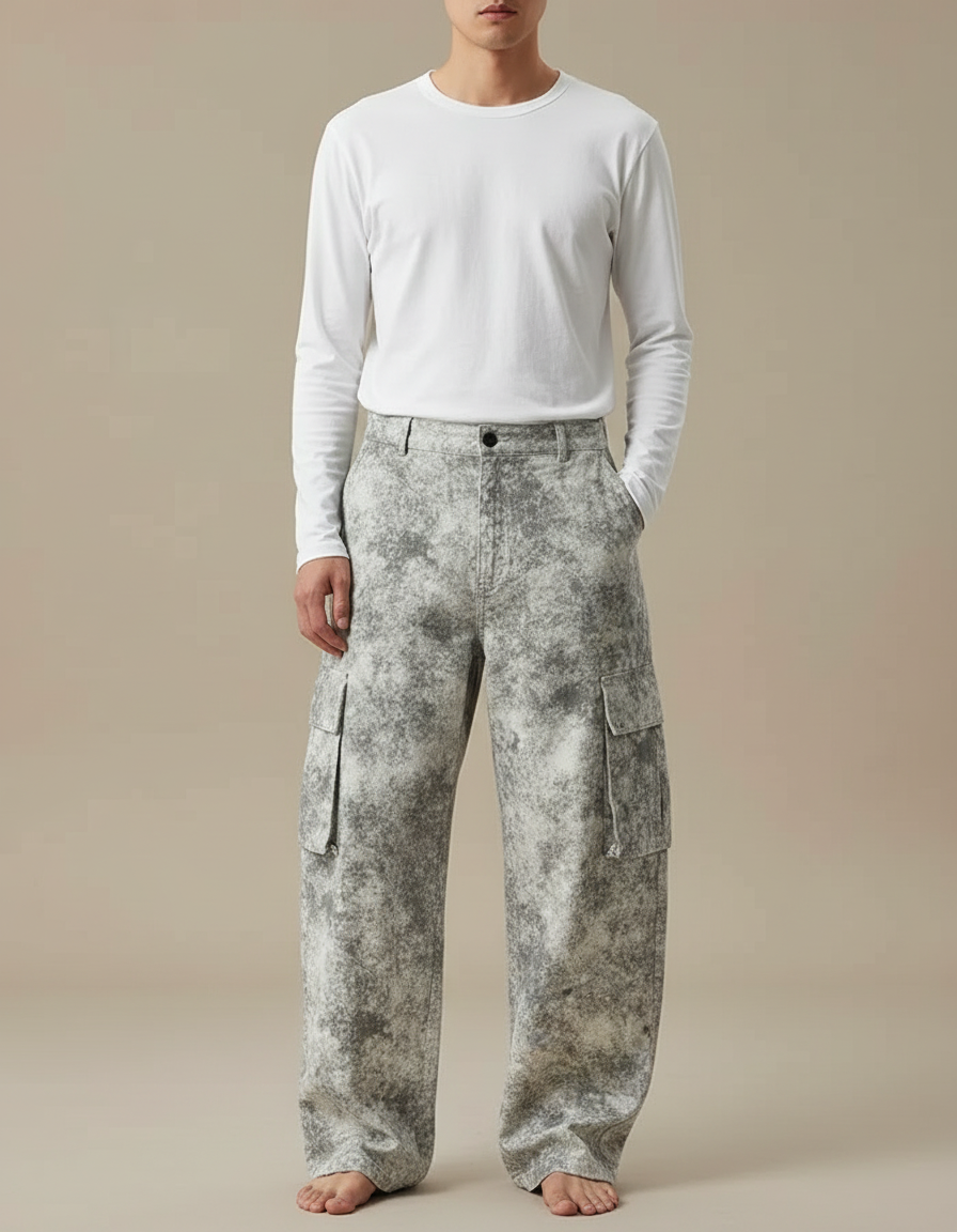 Pantalon Cargo Gris Délavé Ample Imprimé Streetwear - Jean