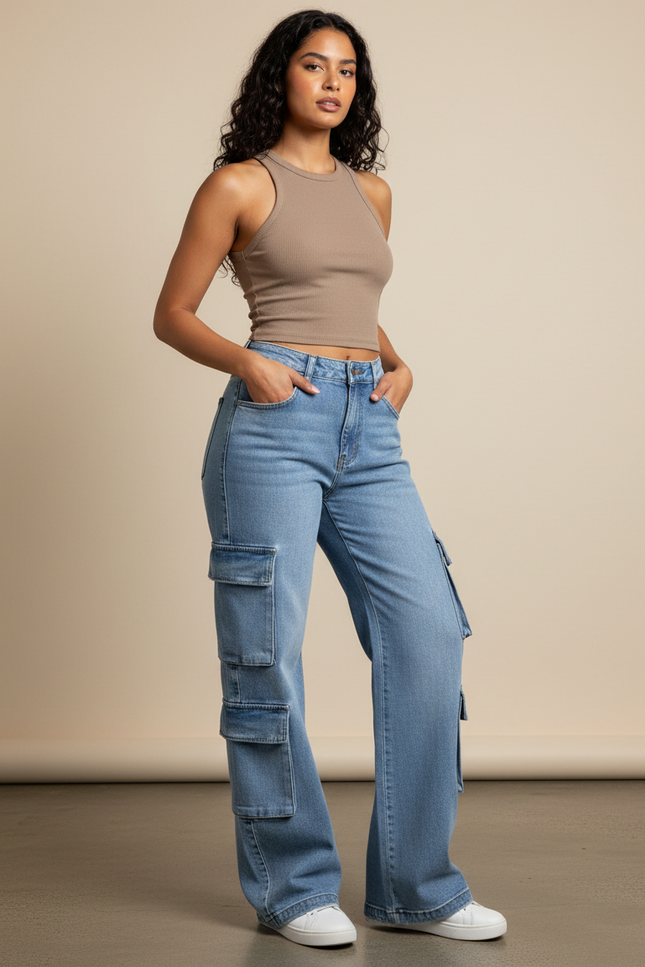 Pantalon Cargo Denim Bleu Ample Multipoches Décontracté - Jean