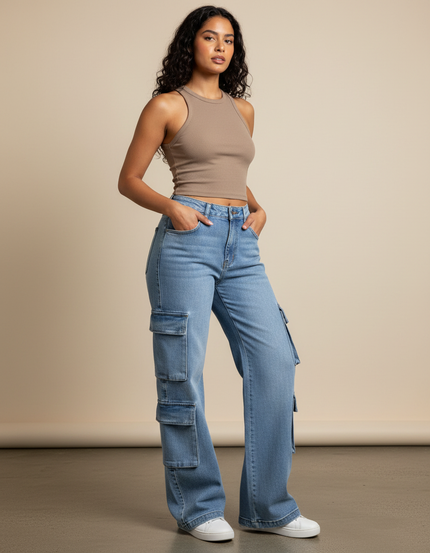 Pantalon Cargo Denim Bleu Ample Multipoches Décontracté - Jean