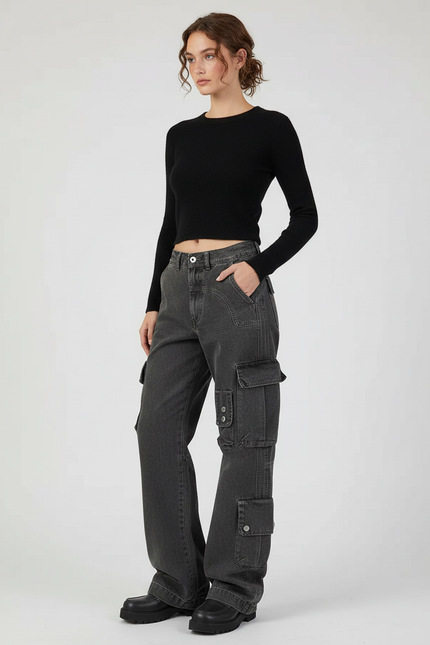 Pantalon Cargo Gris Délavé Ample Multipoches Streetwear Femme - Jean