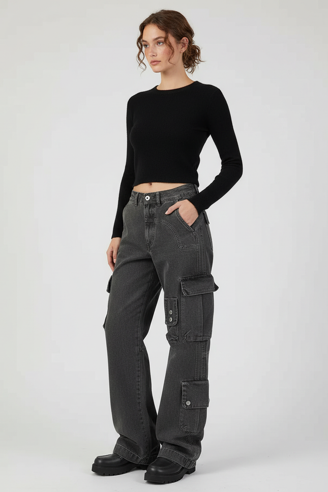 Pantalon Cargo Gris Délavé Ample Multipoches Streetwear Femme - Jean