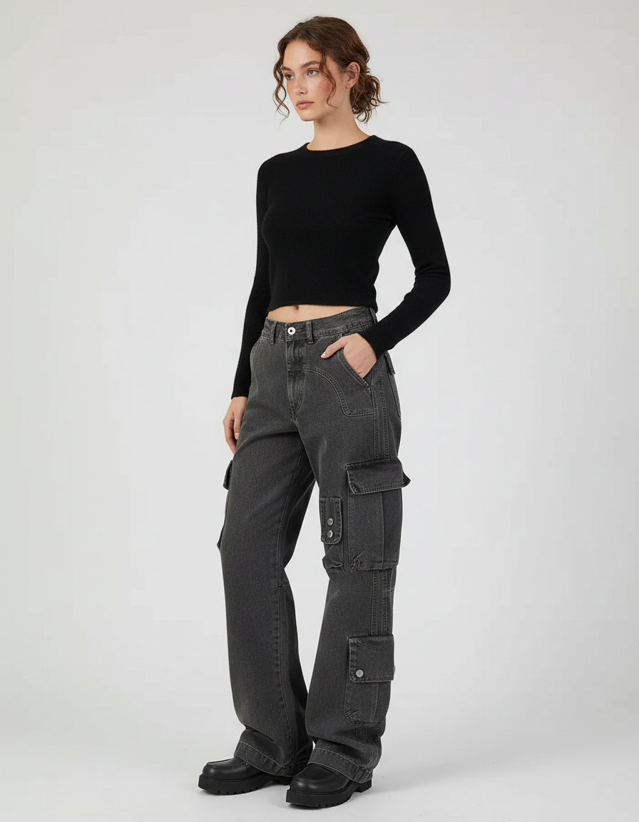 Pantalon Cargo Gris Délavé Ample Multipoches Streetwear Femme - Jean