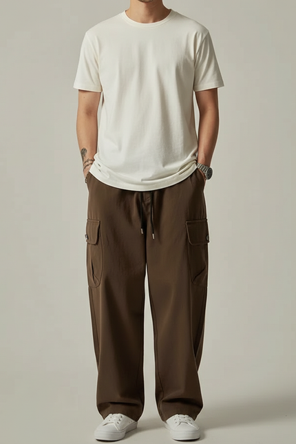 Pantalon Cargo Marron Ample Coton Poches Multiples Décontracté - Toile