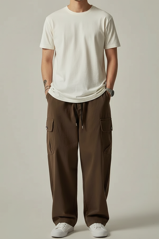 Pantalon Cargo Marron Ample Coton Poches Multiples Décontracté - Toile