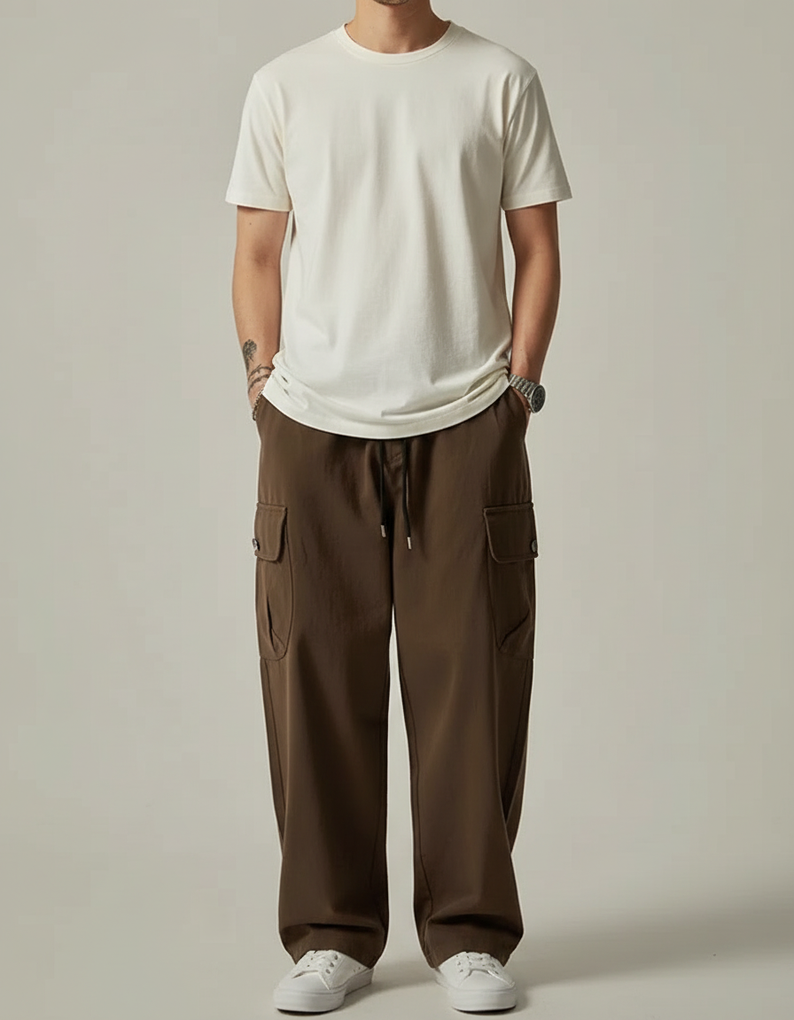 Pantalon Cargo Marron Ample Coton Poches Multiples Décontracté - Toile