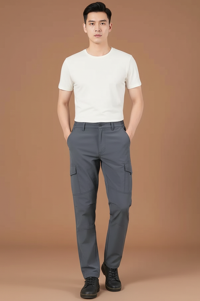 Pantalon Cargo Gris Droit Homme Multipoches Décontracté - Polyester