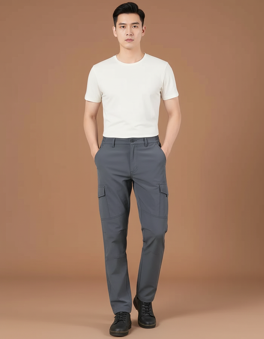 Pantalon Cargo Gris Droit Homme Multipoches Décontracté - Polyester
