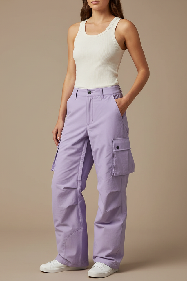 Pantalon Cargo Violet Ample Multipoches Décontracté Femme - Polyester