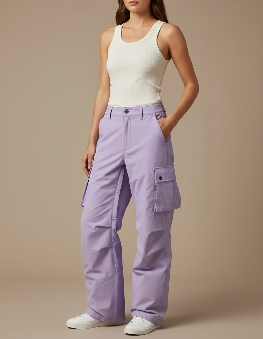 Pantalon Cargo Violet Ample Multipoches Décontracté Femme - Polyester