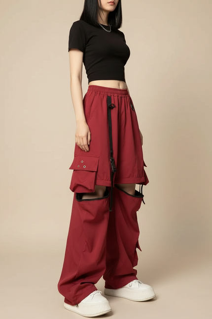 Pantalon Cargo Rouge Ample Multipoches Découpes Femme - Bordeaux Polyester