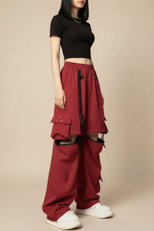 Pantalon Cargo Rouge Ample Multipoches Découpes Femme - Bordeaux Polyester