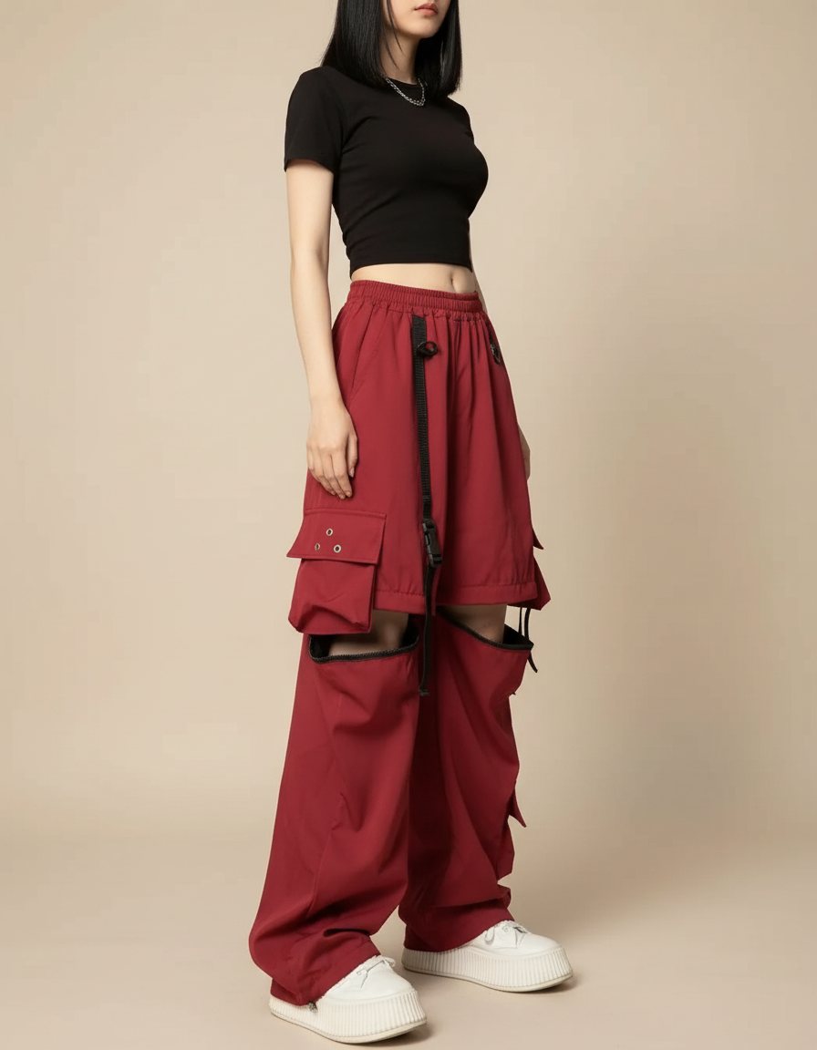 Pantalon Cargo Rouge Ample Multipoches Découpes Femme - Bordeaux Polyester