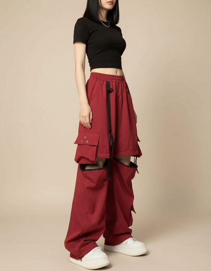 Pantalon Cargo Rouge Ample Multipoches Découpes Femme - Bordeaux Polyester