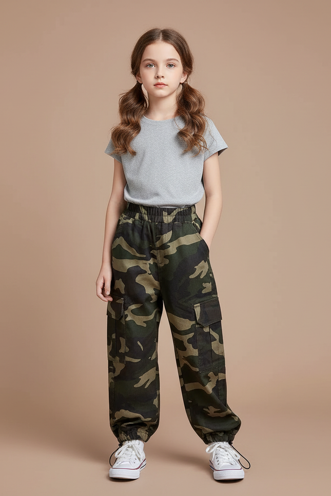 Pantalon Cargo Camouflage Ample Coton Streetwear Enfant - Imprimé